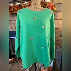 Quacker Factory Green Holiday Sweater with Gift Embroidery